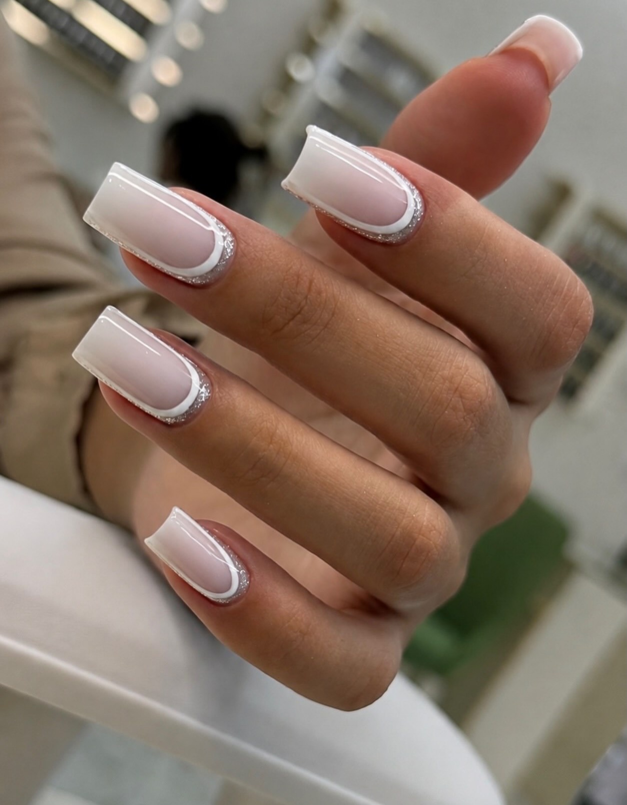 Glossy White Double French Coffin Nails with Silver Glitter