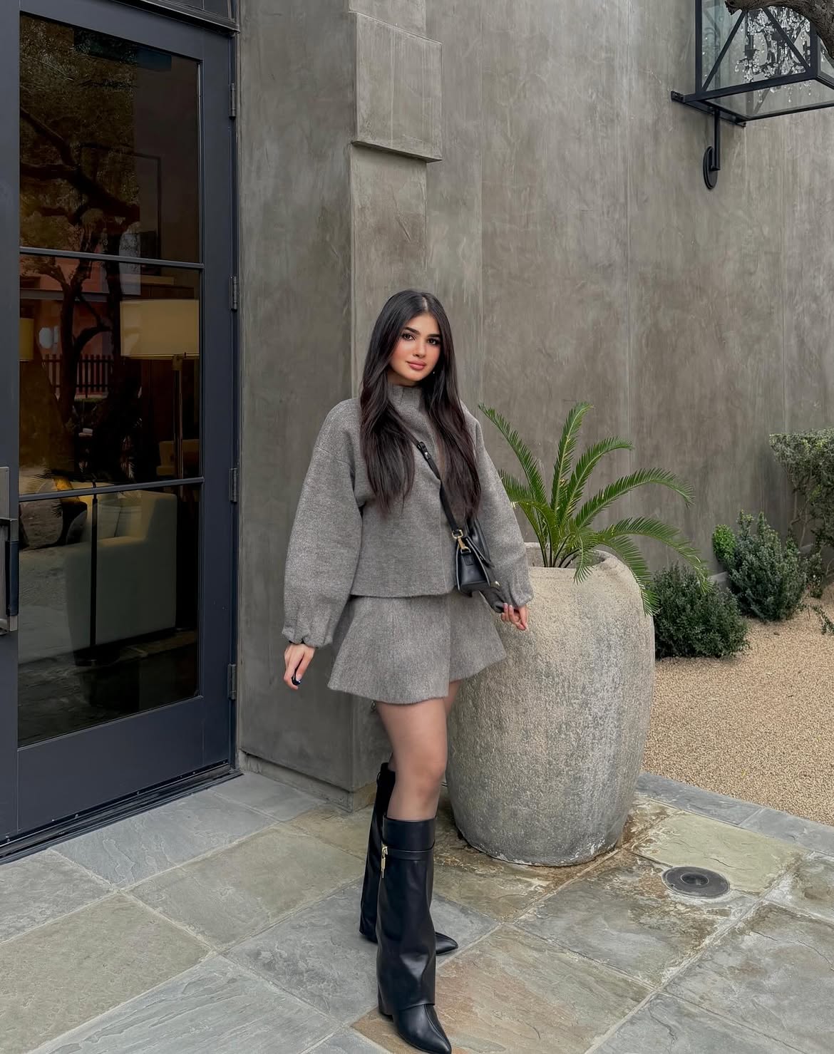Grey Knit Set With Knee High Boots