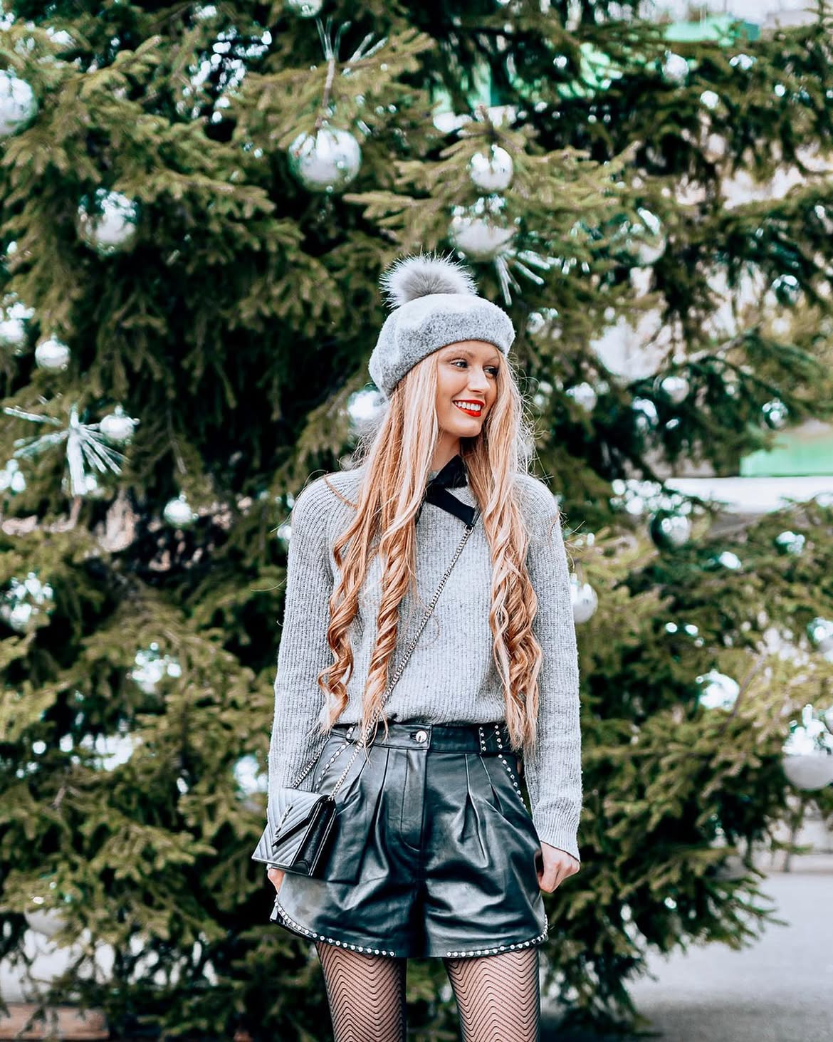 Grey Knit Sweater And Leather Shorts Winter Party Look