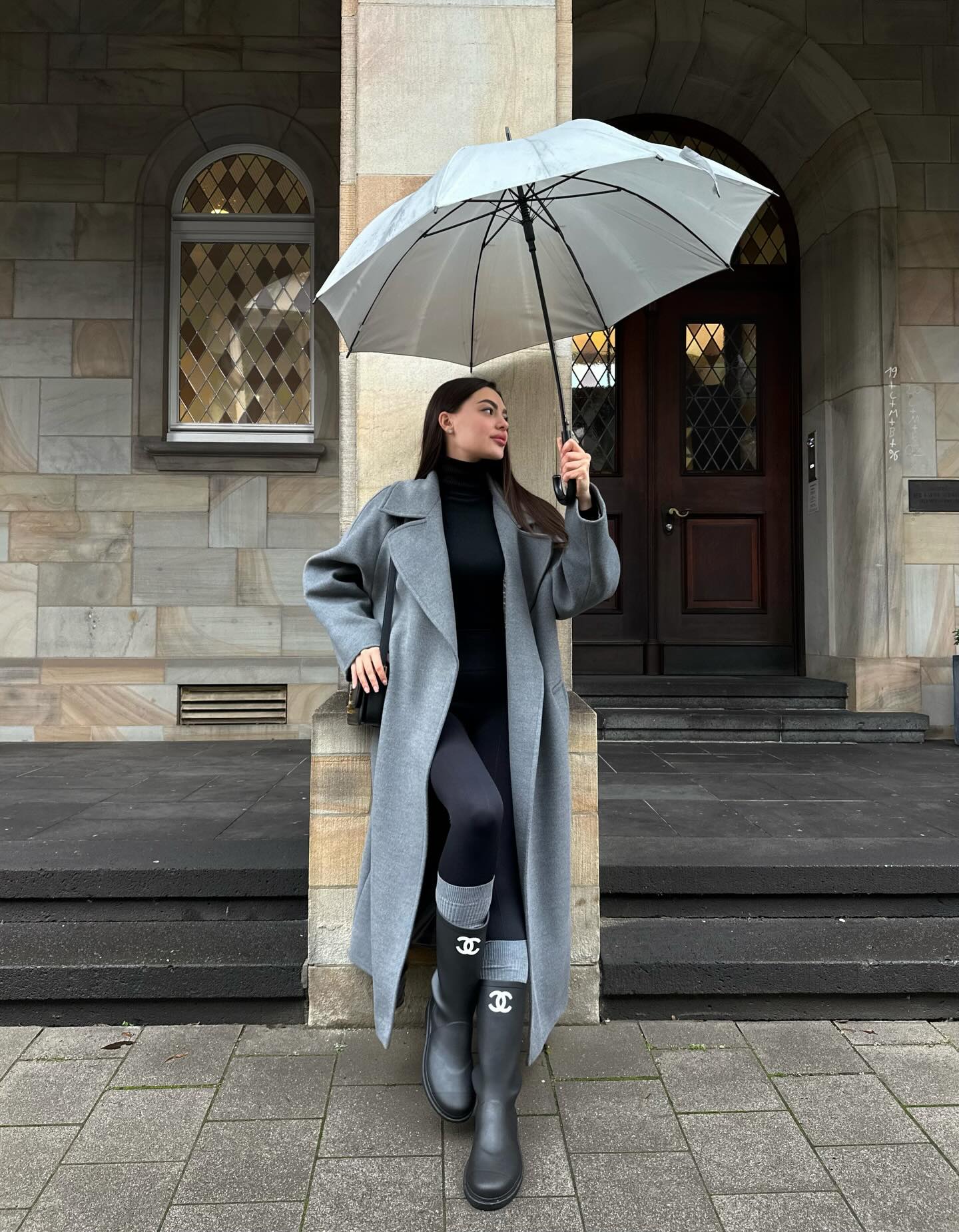 Grey Trench Coat And Black Boots Rainy Day Look