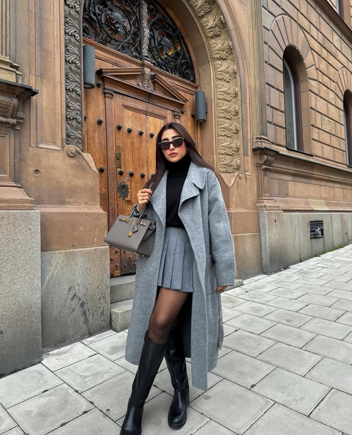 Grey Wool Coat And Pleated Skirt Winter Look