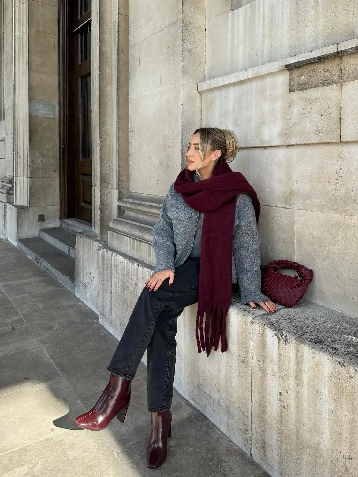 Grey Wool Jacket And Burgundy Accessories Winter City Look