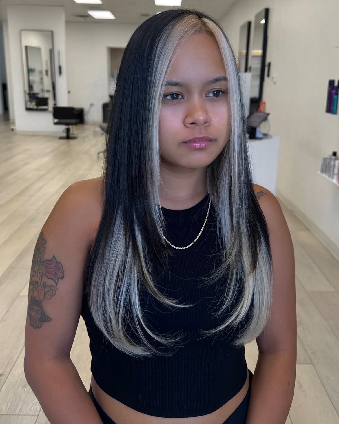 High Contrast Platinum Money Piece On Sleek Jet Black Hair