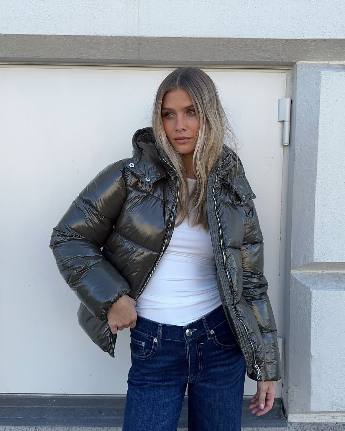 High Shine Puffer With Dark Wash Denim