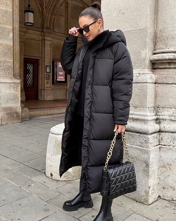 Long Black Puffer Coat With Chunky Boots