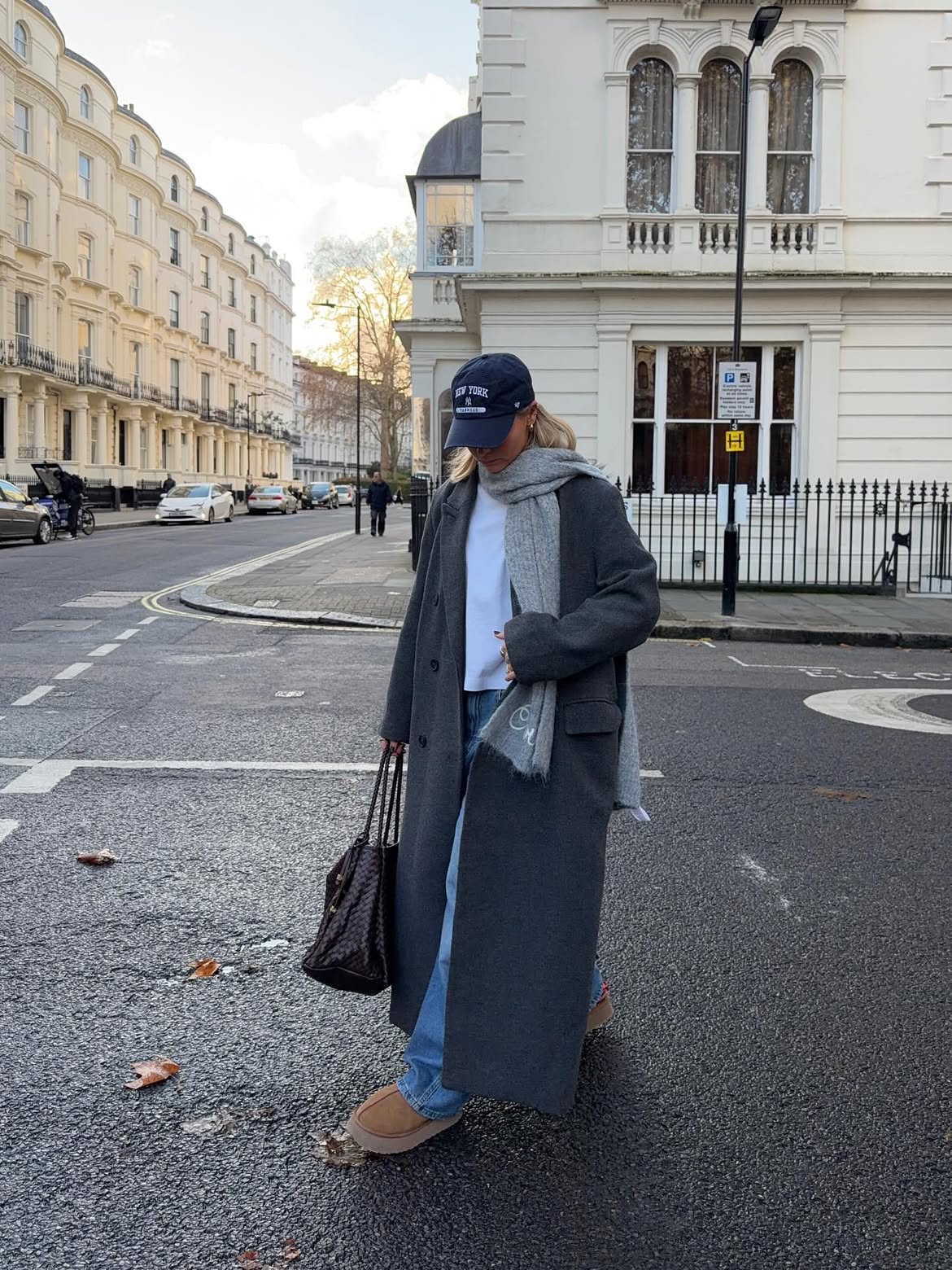 Long Charcoal Coat With Casual Denim