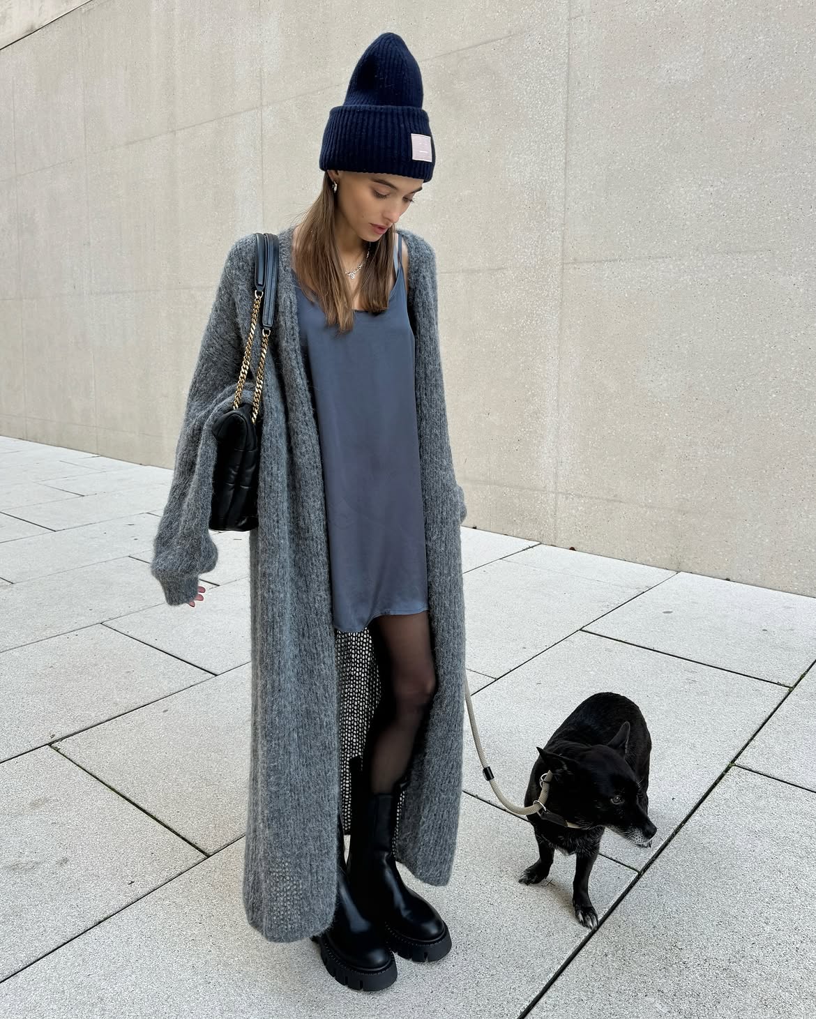 Longline Cardigan Over Slip Dress and Boots