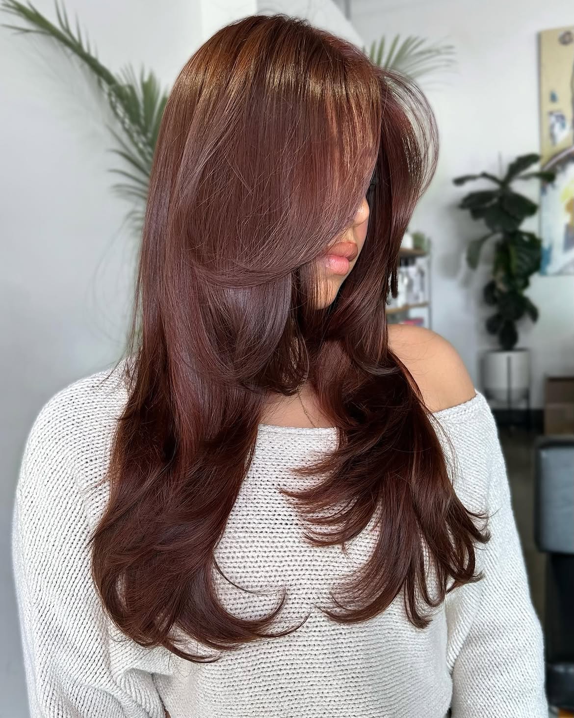 Luxurious Chocolate Brown Layers With Voluminous Curtain Bangs