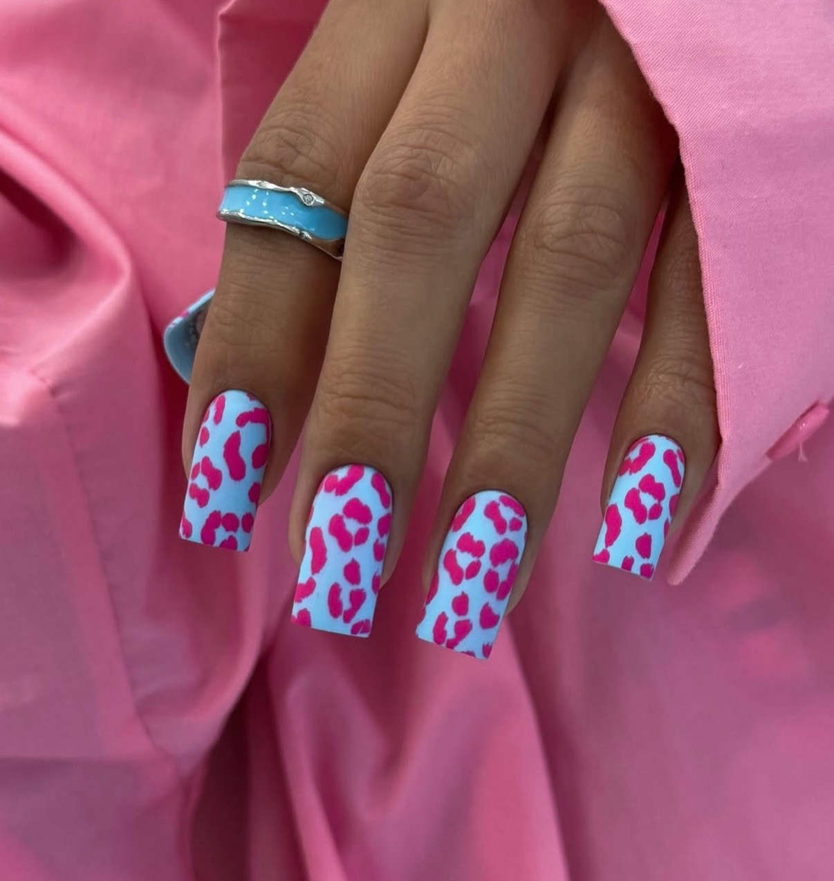 Matte Blue And Pink Leopard Print Coffin Nails