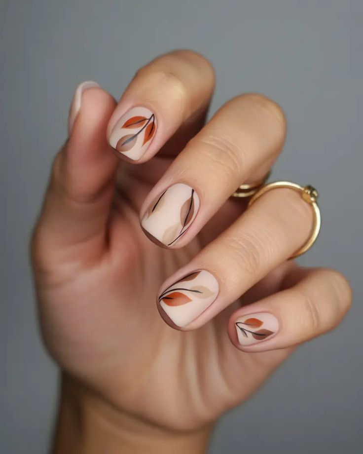 Matte Neutral Fall Leaf Nail Art