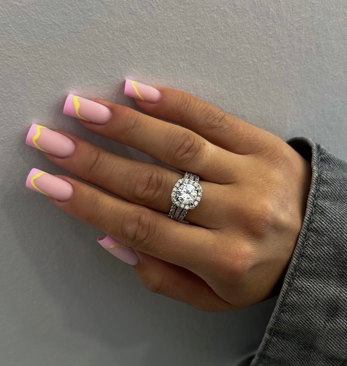 Matte Pink Coffin French Tips with Yellow Swirls