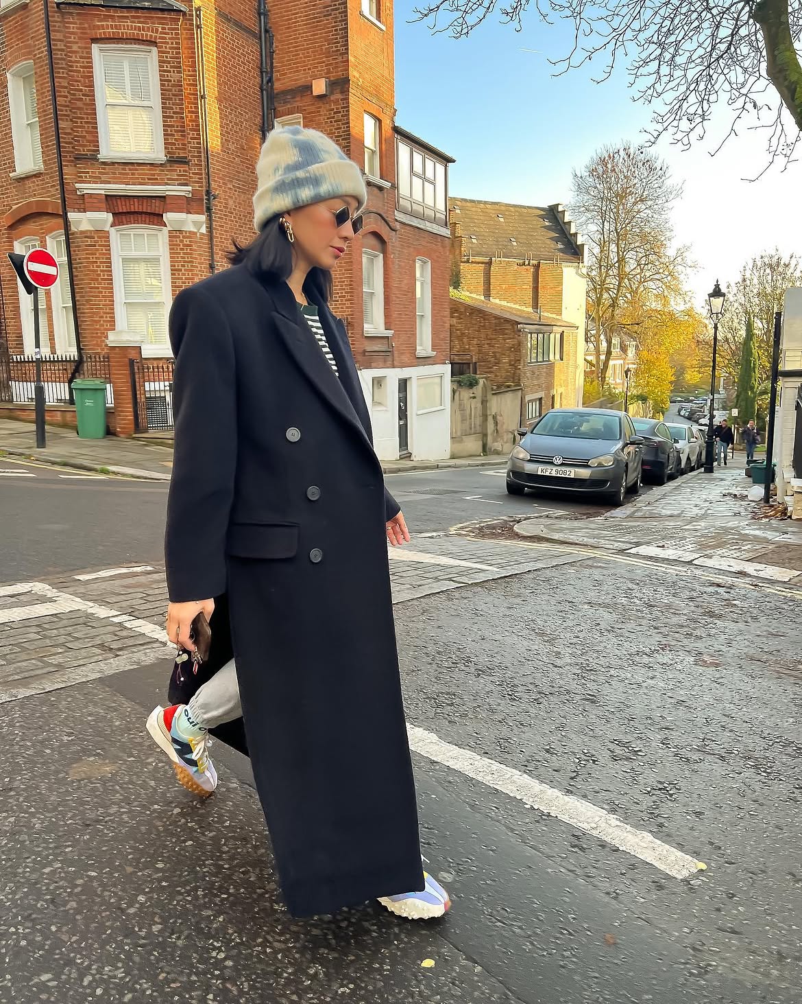 Maxi Black Wool Coat With Colorful Sneakers
