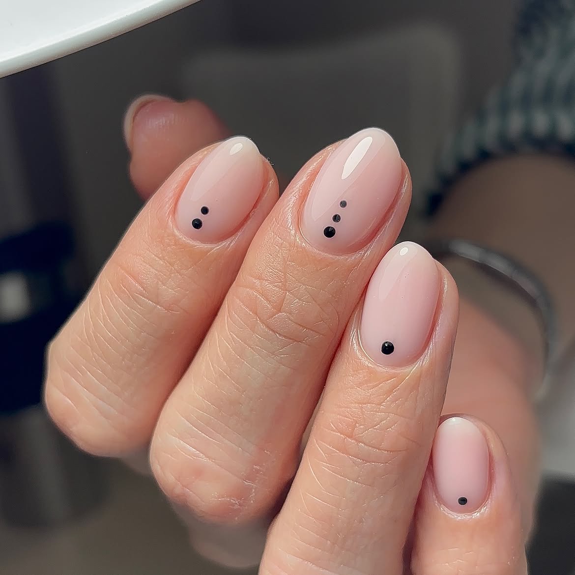Minimalist Milky Pink Nails with Black Dots