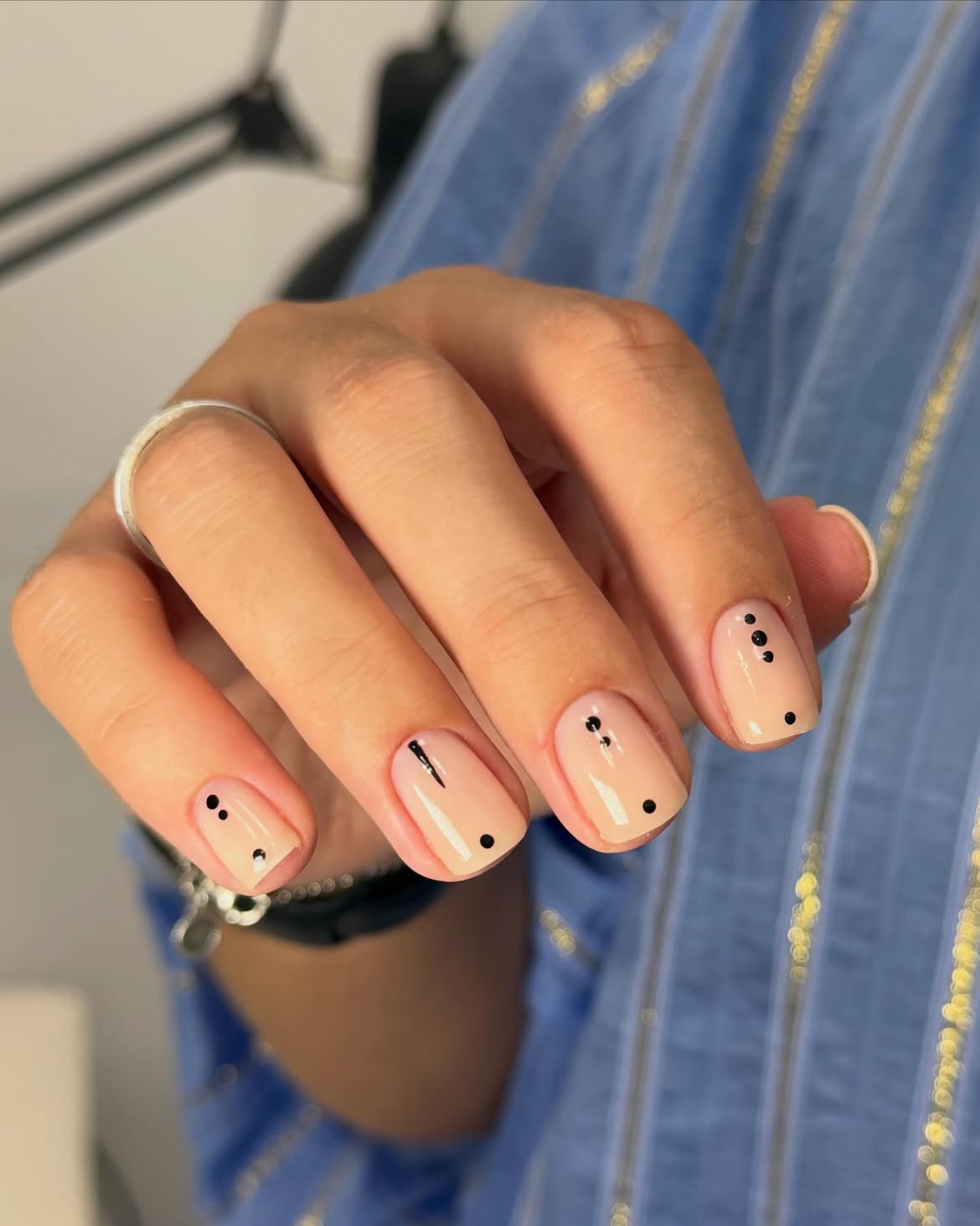 Minimalist Nude Nails with Black Dot Accents
