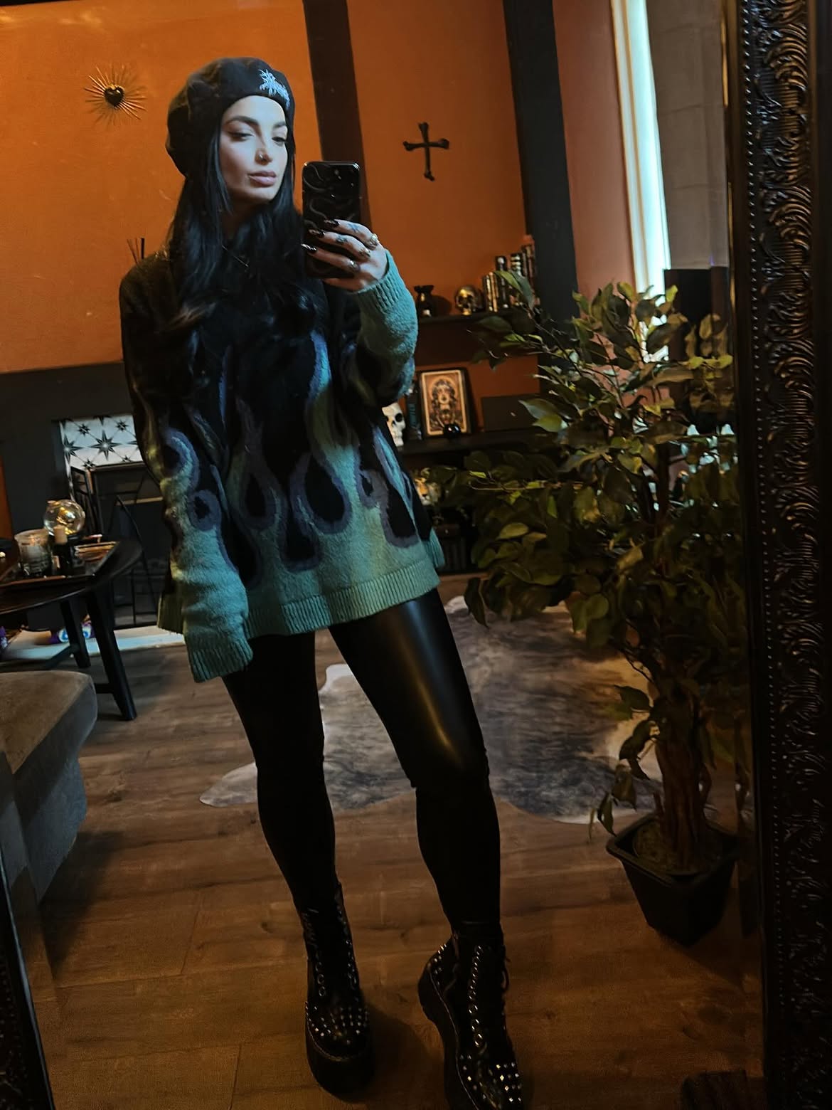 Mint Flame Knit With Faux Leather Leggings