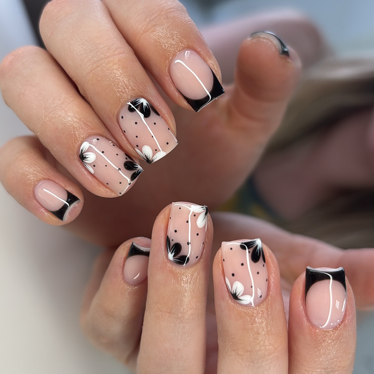 Monochrome Floral French Tip Coffin Nails