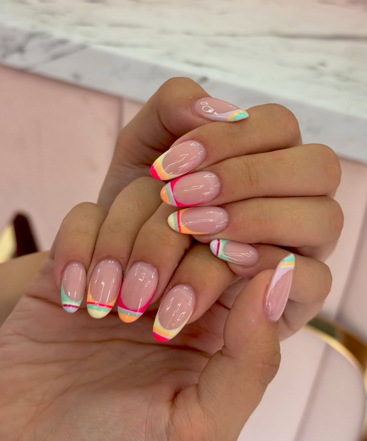 Multi-Colored Neon French Tips Oval Nails