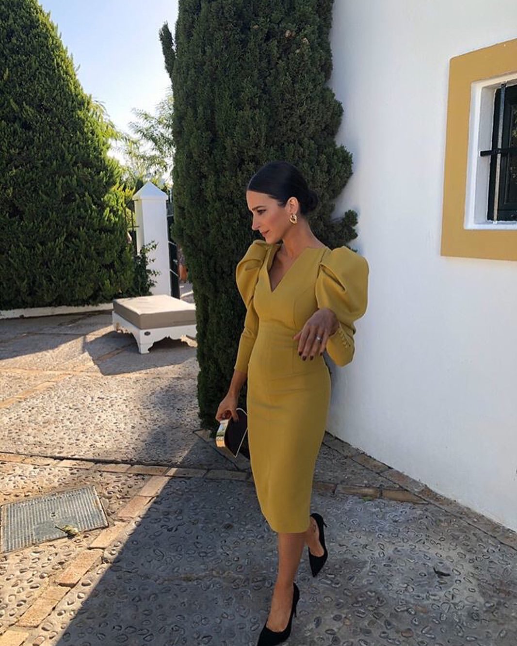 Mustard Puff Sleeve Midi Dress With Black Heels