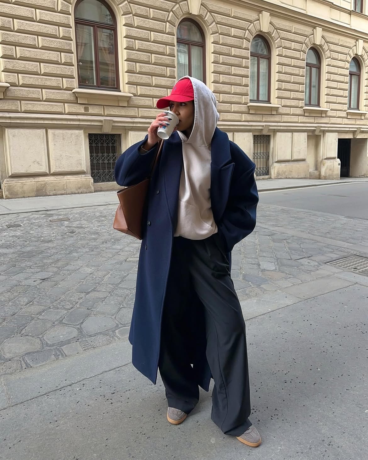 Navy Coat Over Hoodie And Wide Leg Pants