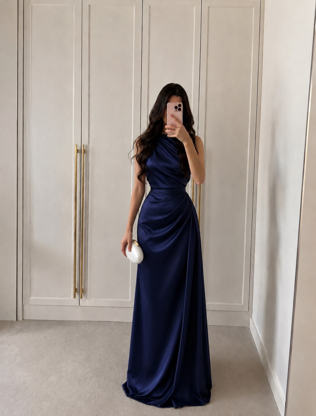 Navy Drape Neckline Evening Gown With Clutch
