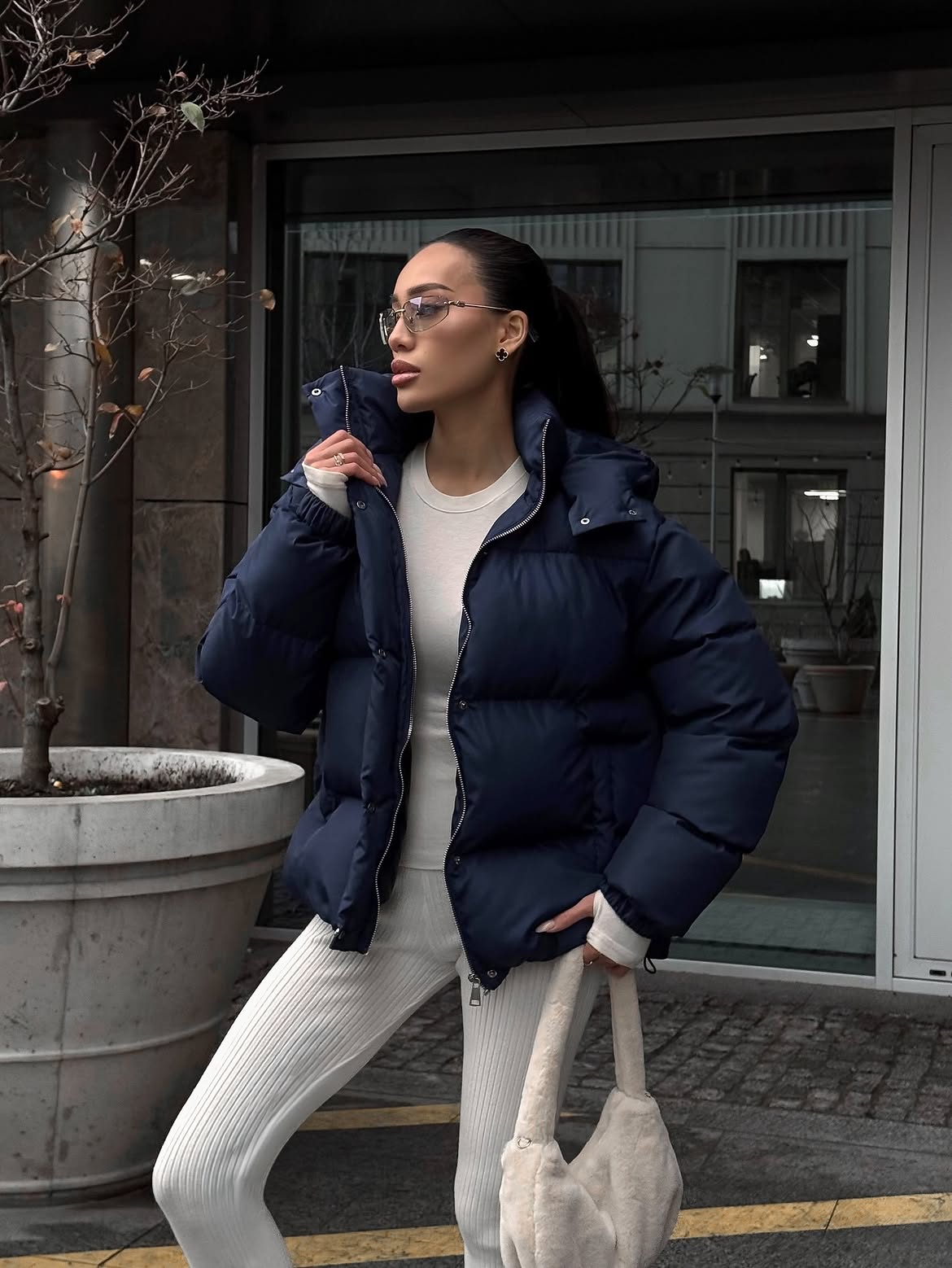 Navy Puffer Jacket With Ribbed Knit Set