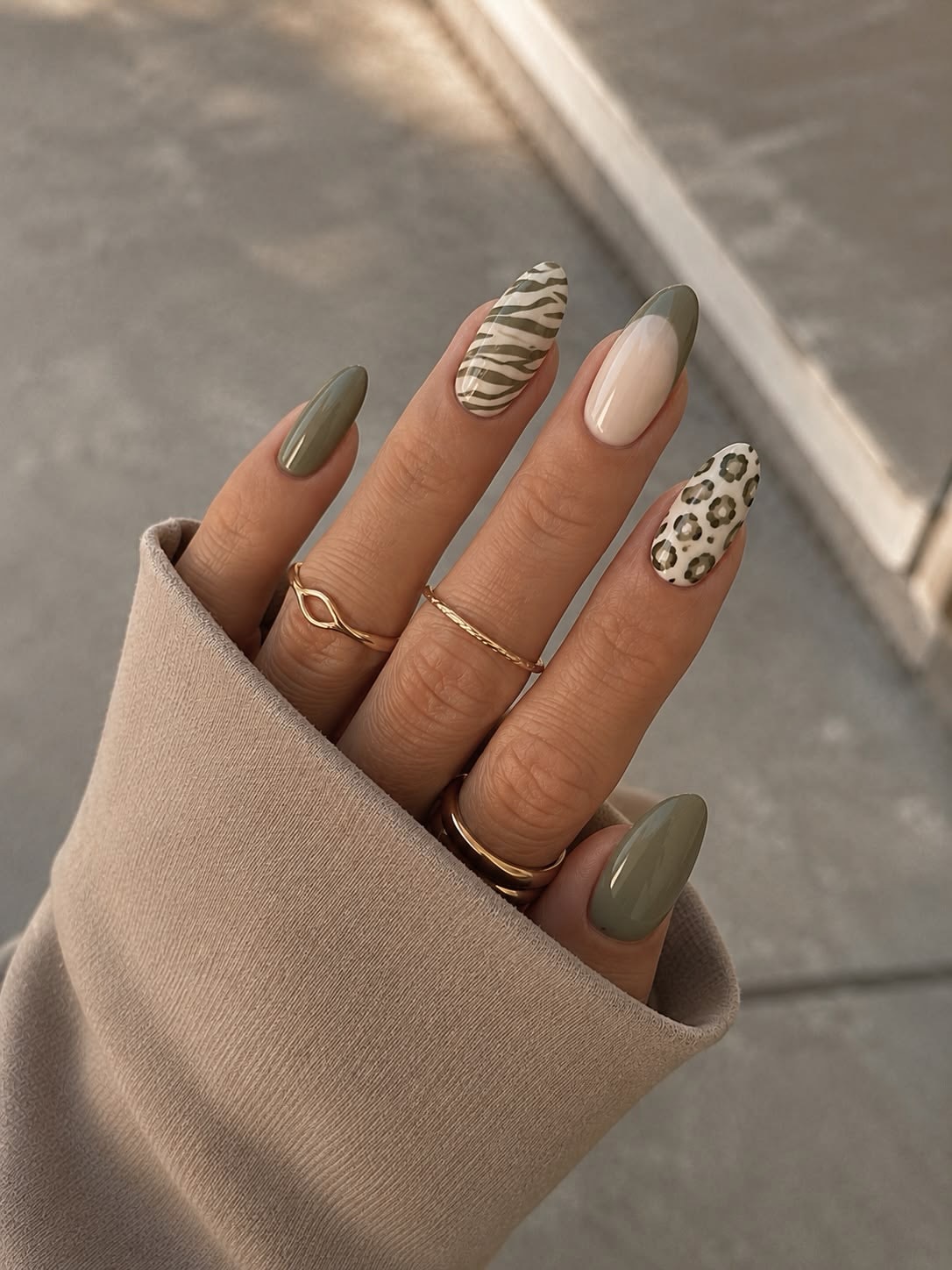 Neutral French Tips With Animal Print Accents