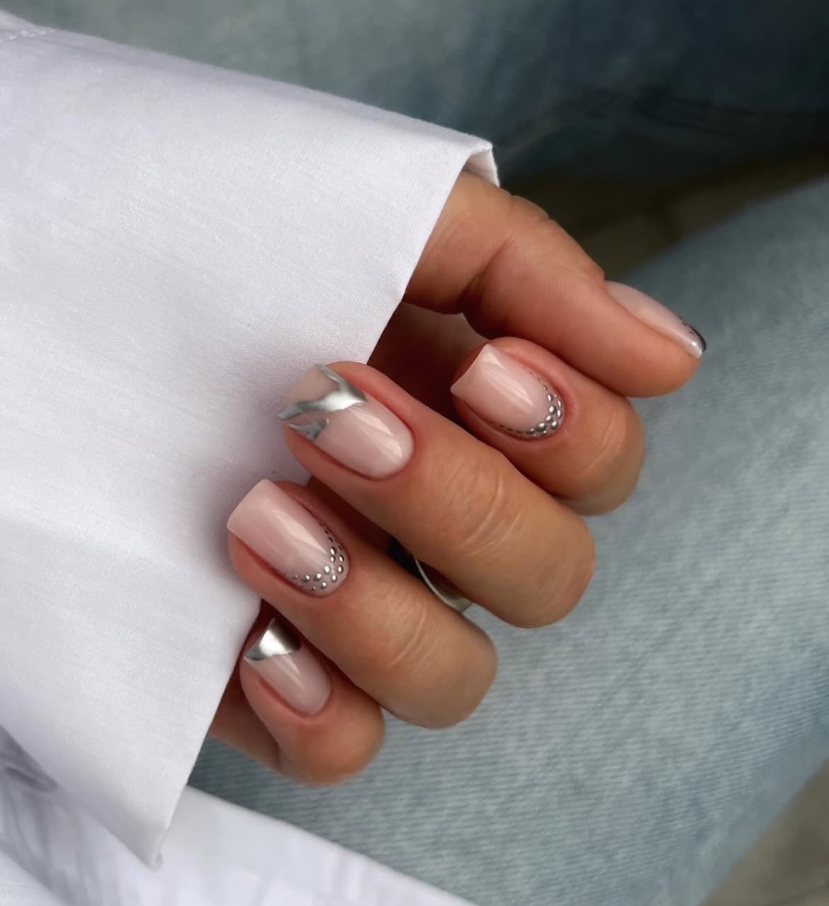 Nude French With Silver Abstract & Stud Accents