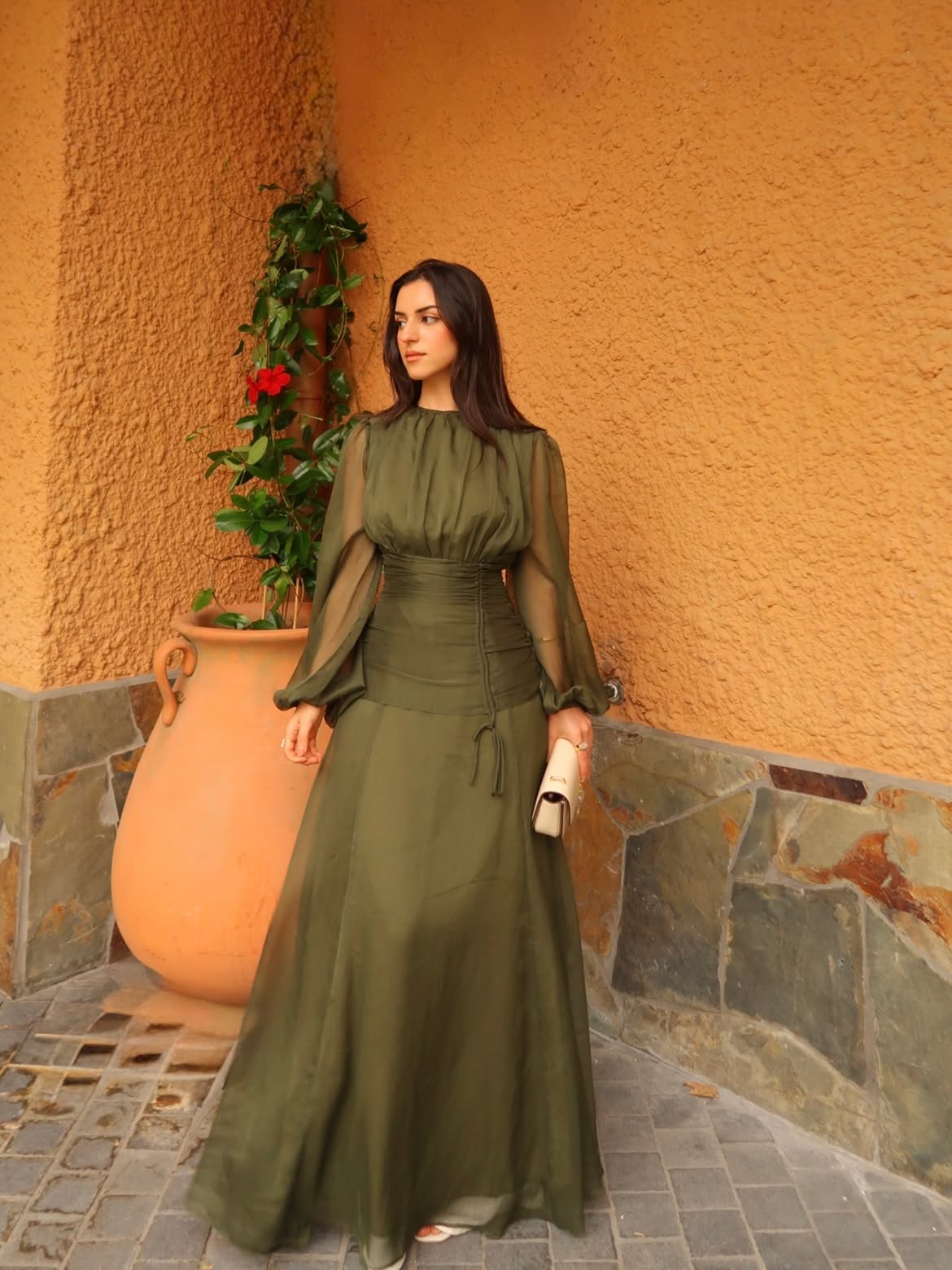 Olive Green Flowy Maxi Dress With Cream Clutch
