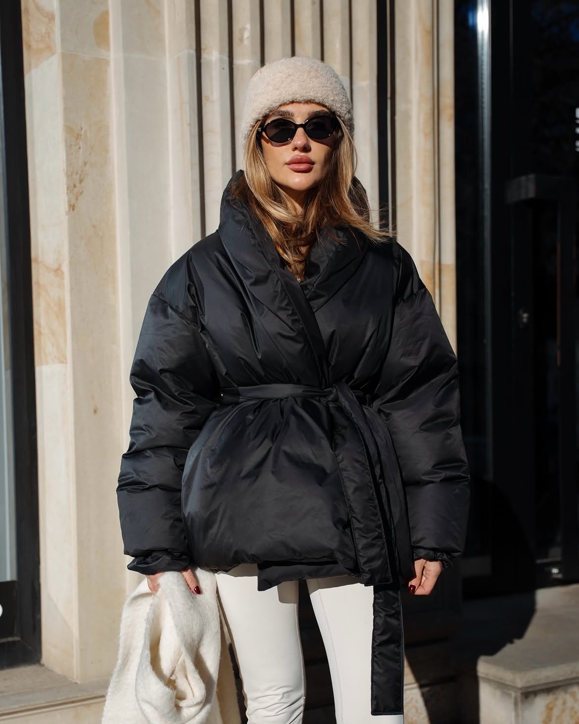 Oversized Black Belted Puffer Jacket With Cream Beanie