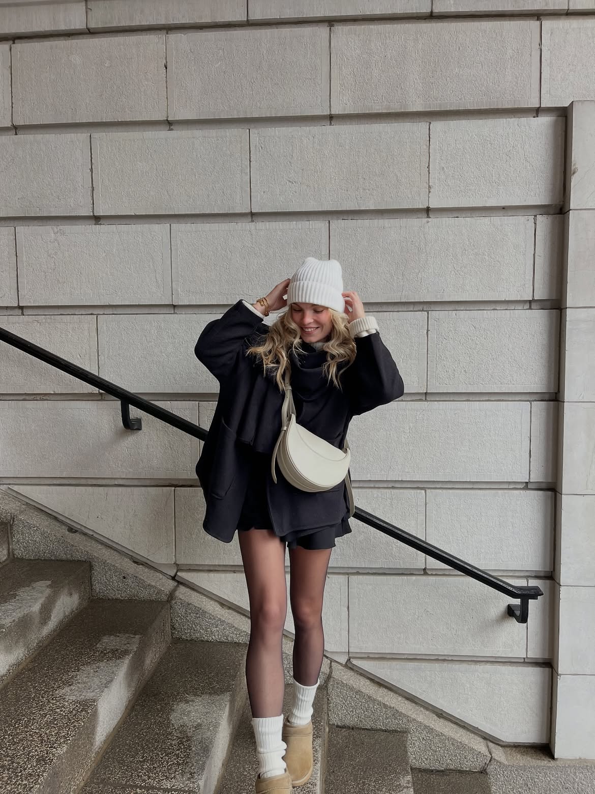 Oversized Black Coat And White Beanie Winter Outfit