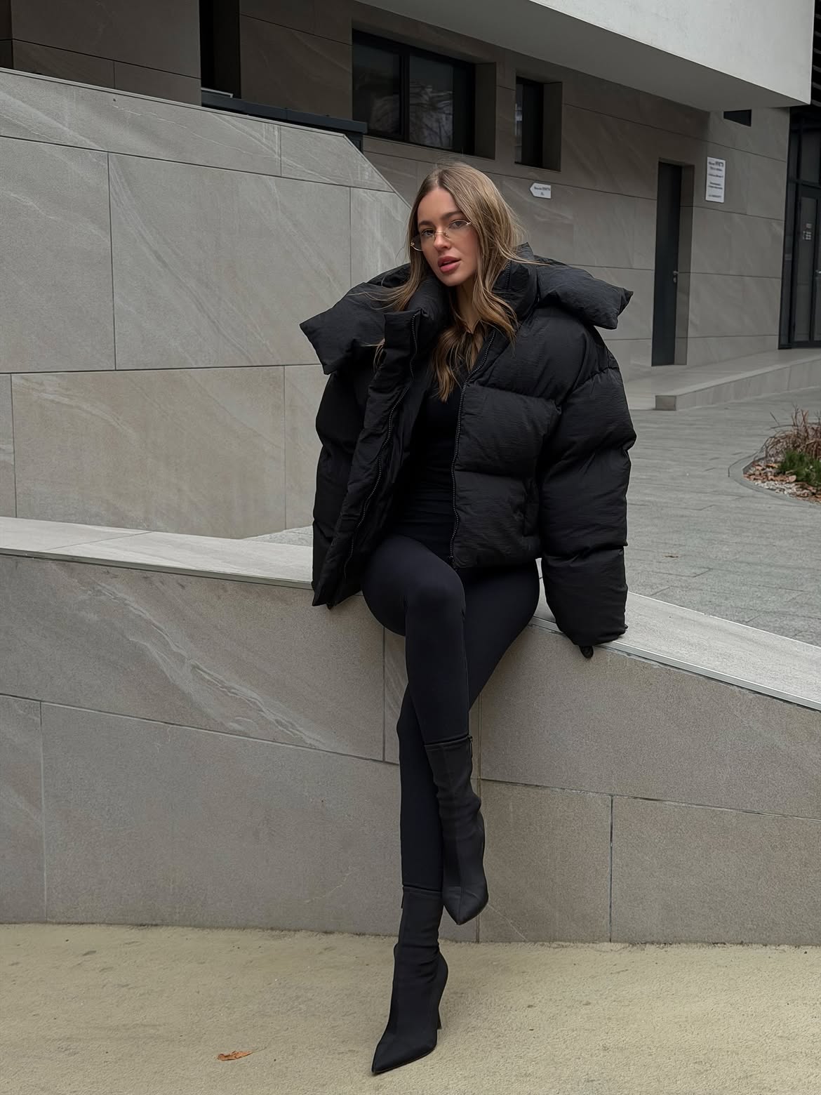 Oversized Black Puffer Jacket With Fitted Leggings