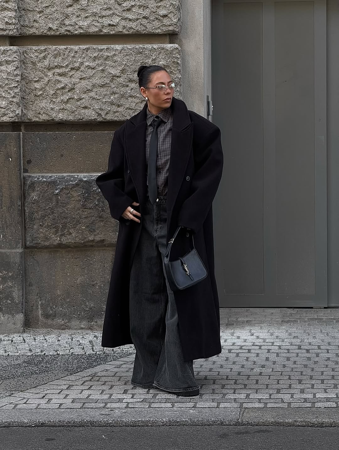 Oversized Black Wool Coat With Denim And Tie