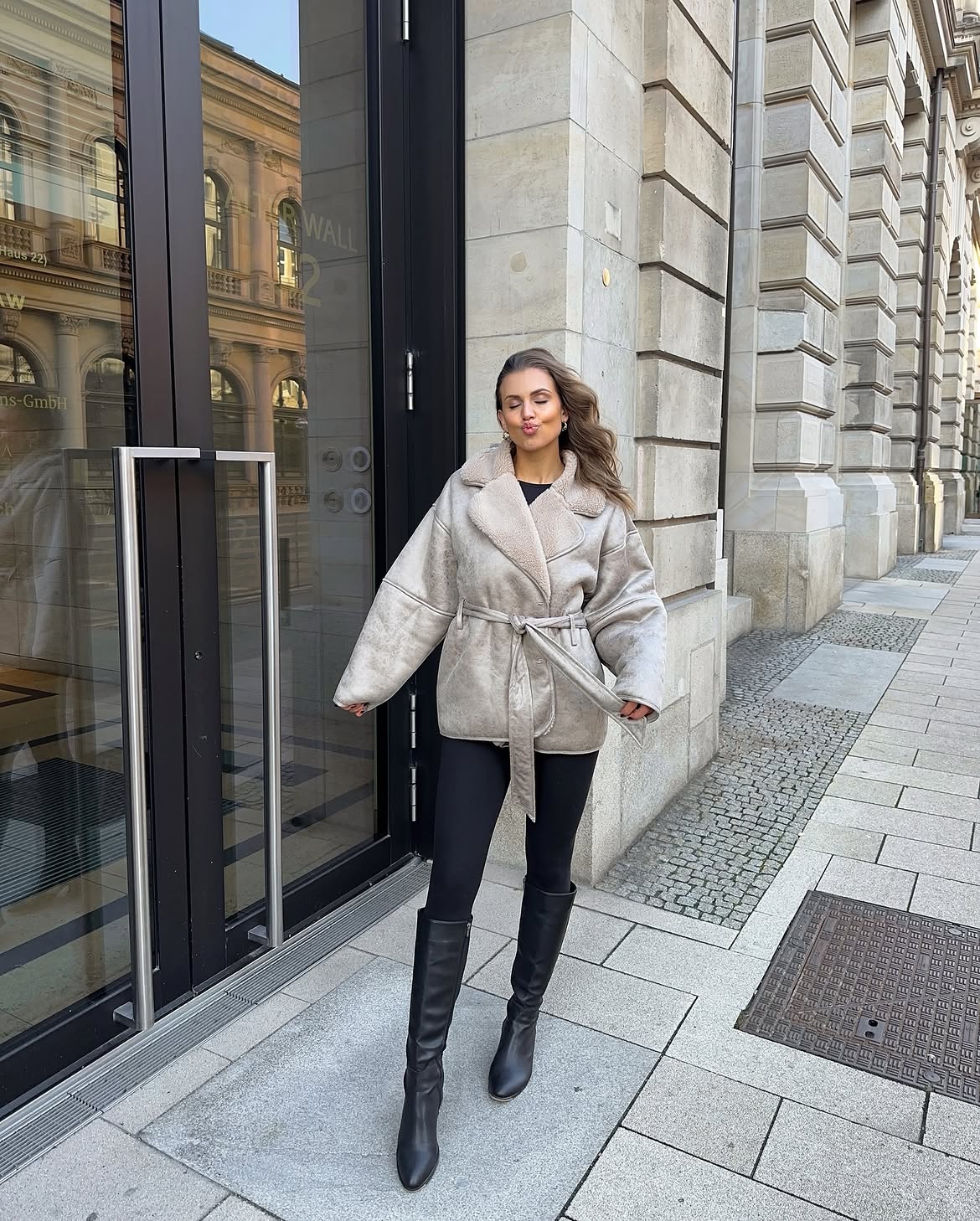 Oversized Shearling Jacket With Knee High Boots