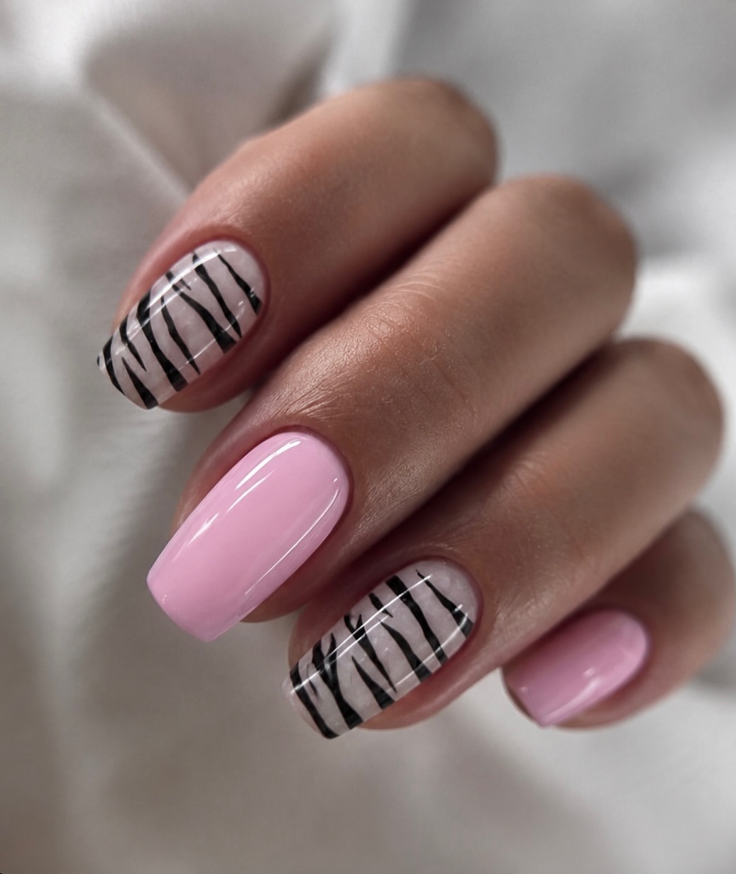 Pastel Pink & Black Zebra Print French Tips