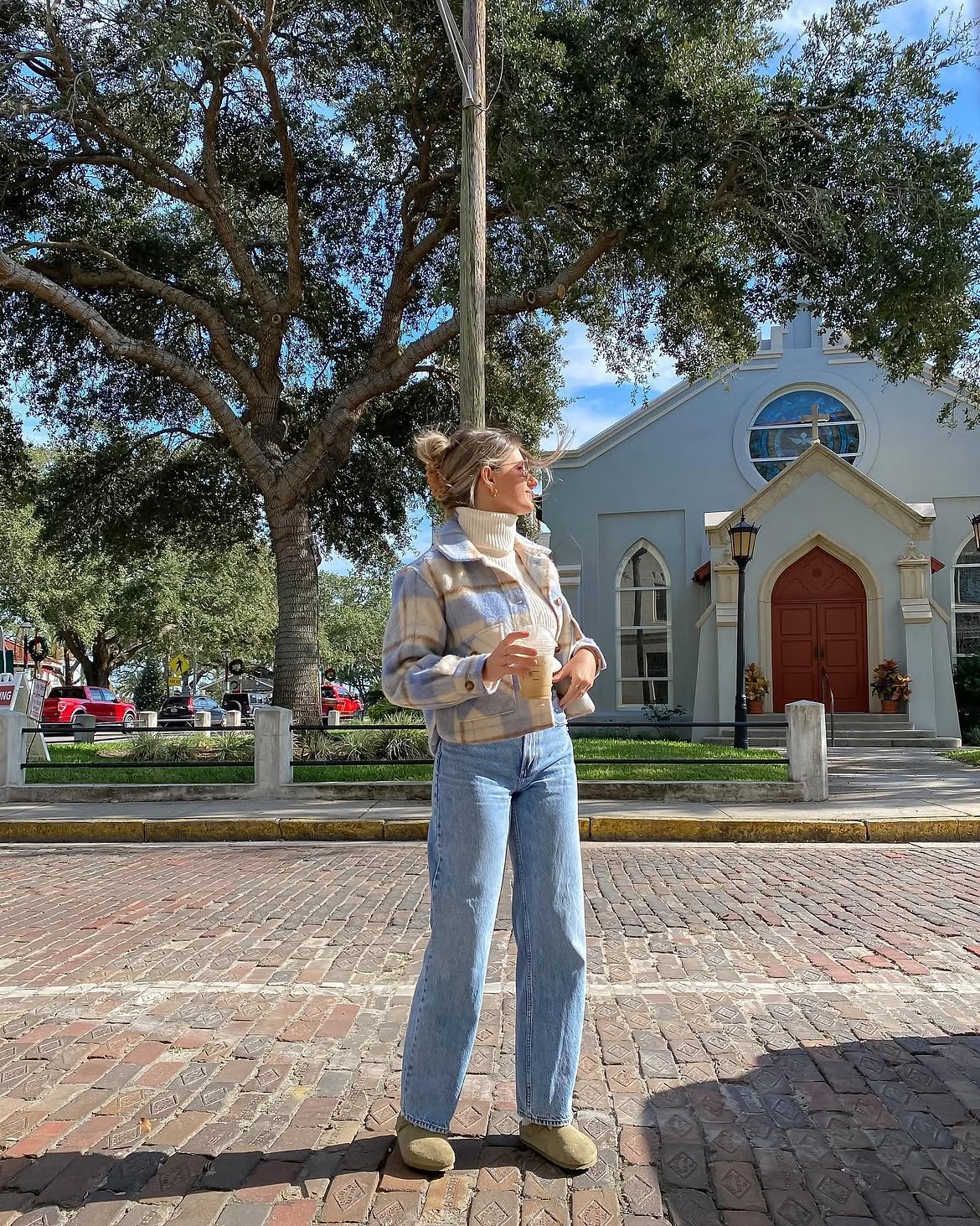 Pastel Plaid Shacket With Cream Turtleneck And Jeans