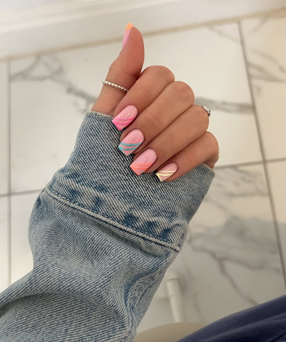 Pastel Swirl French Tip Coffin Nails