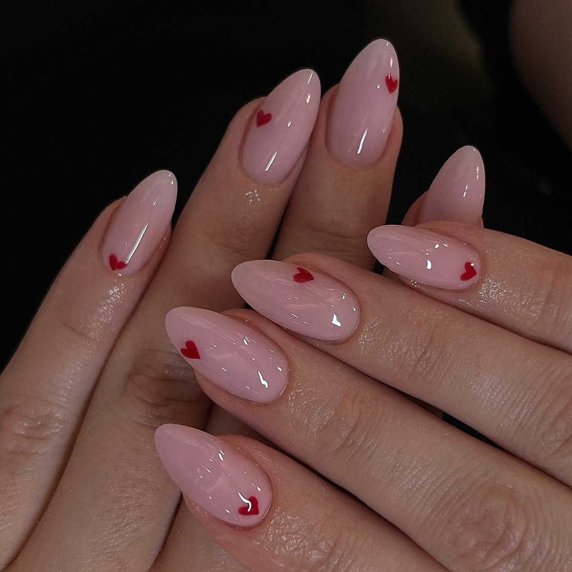 Pink Almond Nails With Tiny Red Hearts