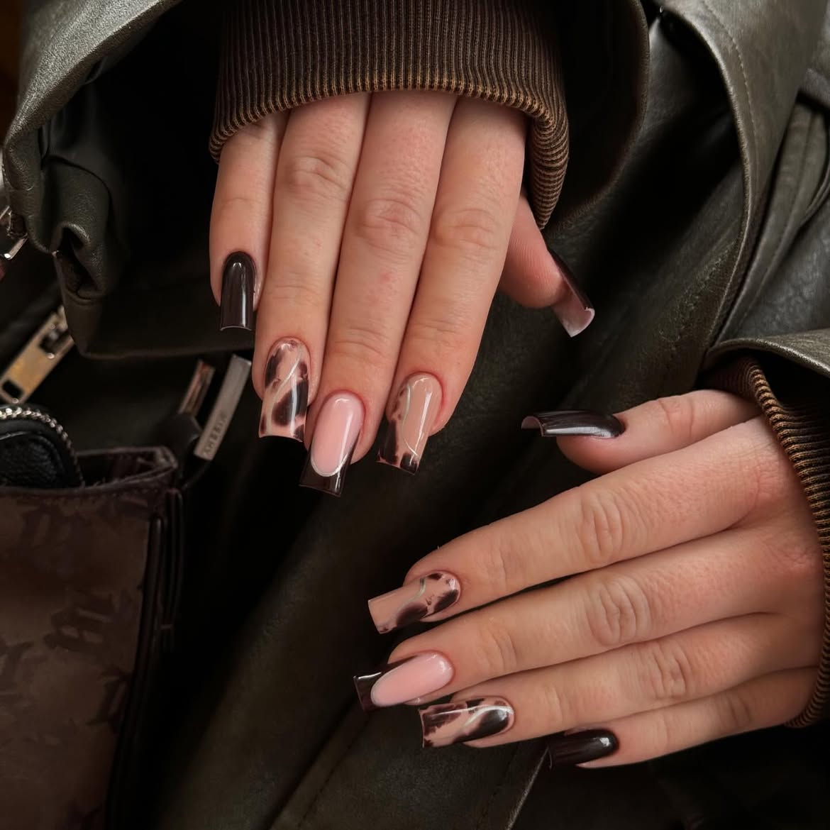 Pink and Tortoiseshell French Tip Coffin Nails