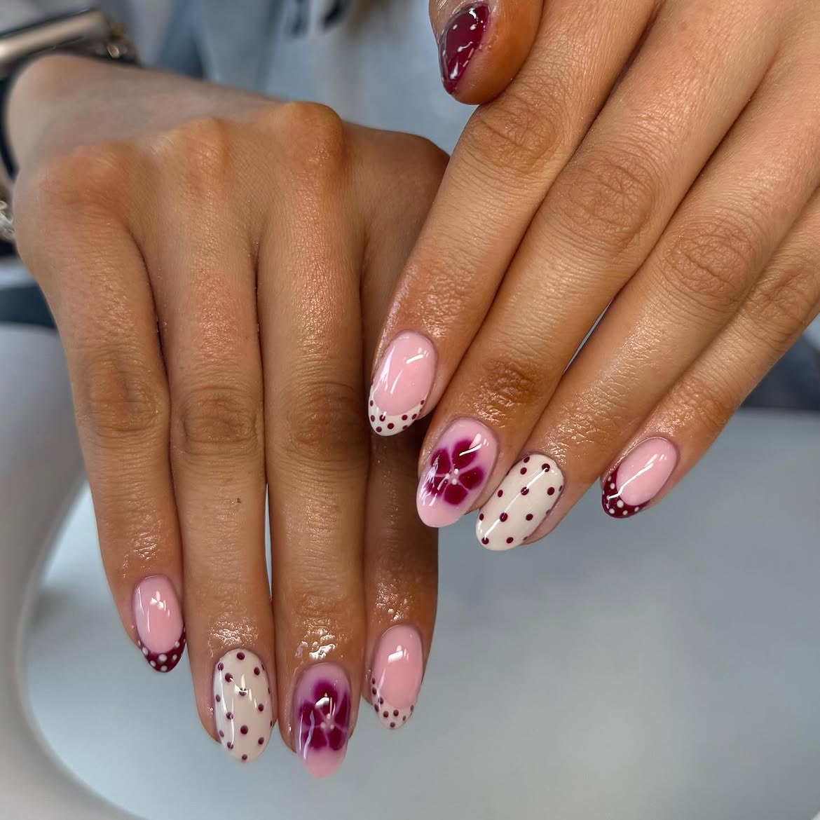 Pink Floral French Tips With Polka Dots