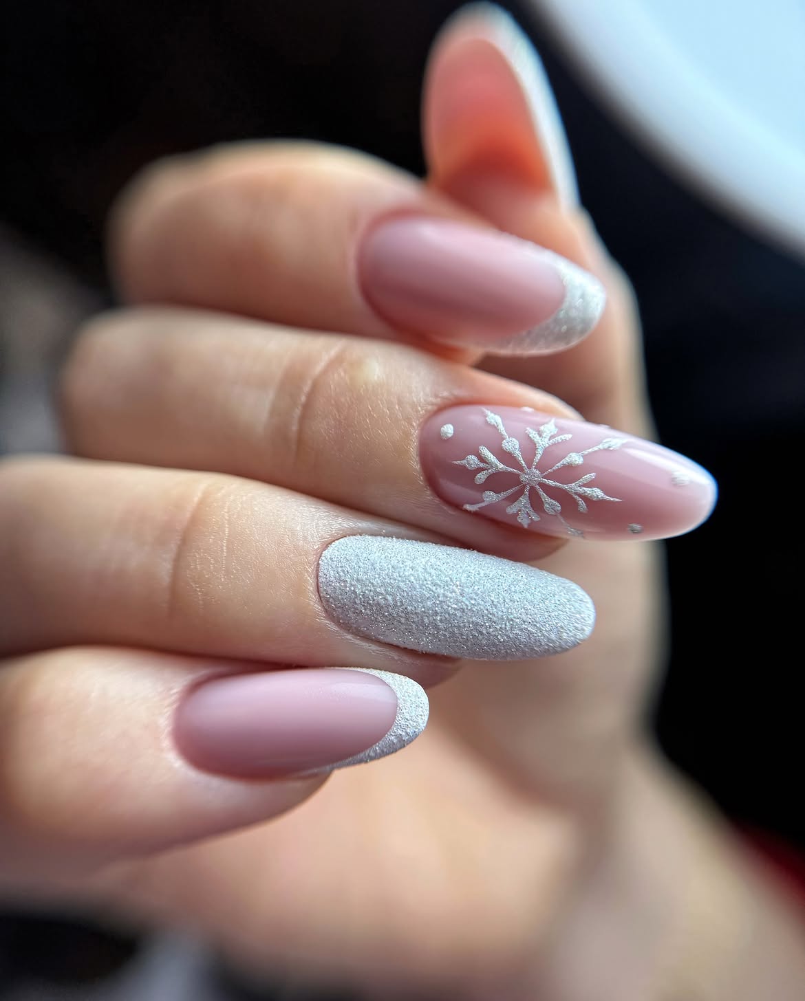 Pink French Snowfall Velvet Nails