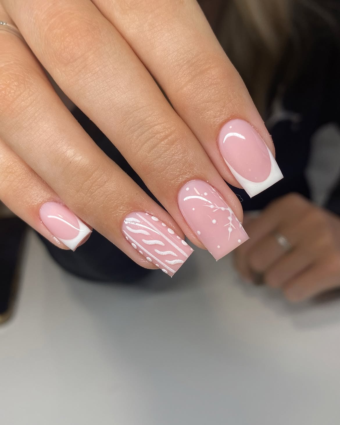 Pink Milky French with White Winter Art
