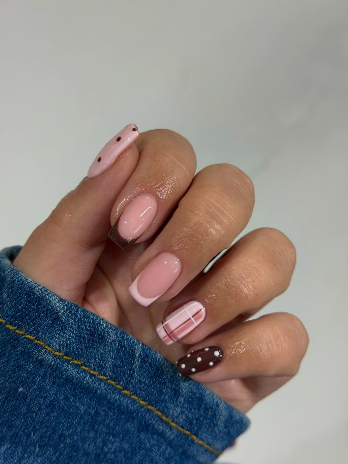 Pink Plaid and Polka Dot French Tip Nails