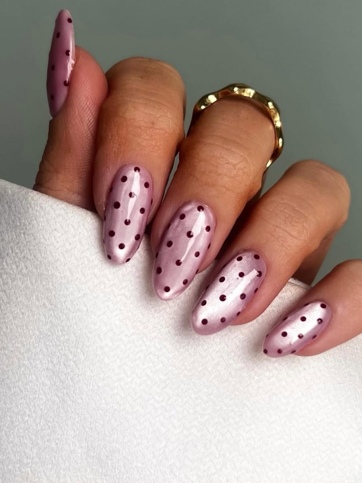 Pink Shimmer Polka Dot Almond Nails