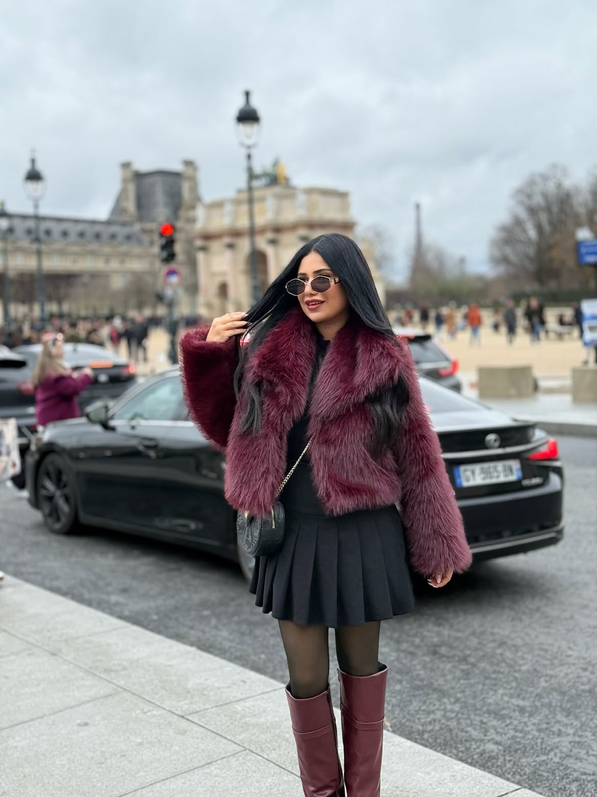 Plum Faux Fur Jacket With Pleated Mini Skirt