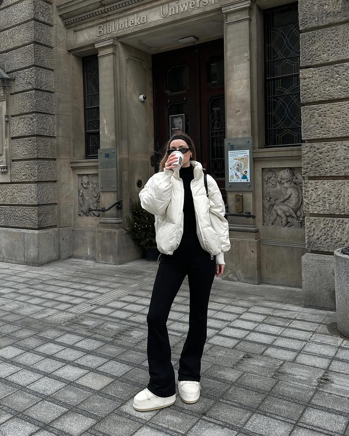Puffer Coat With Flared Leggings And Platform Slippers