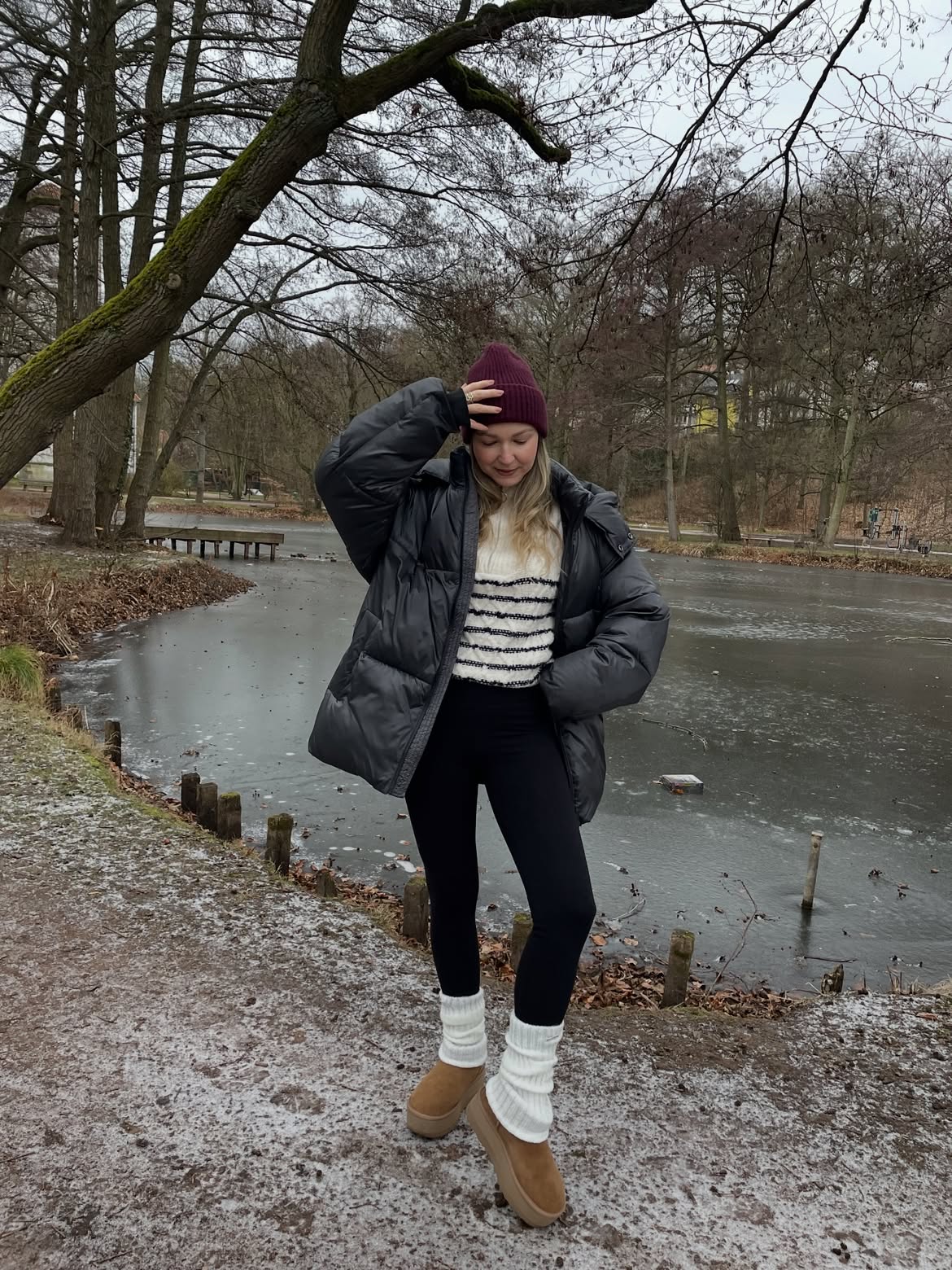 Puffer Coat With Striped Knit And Uggs