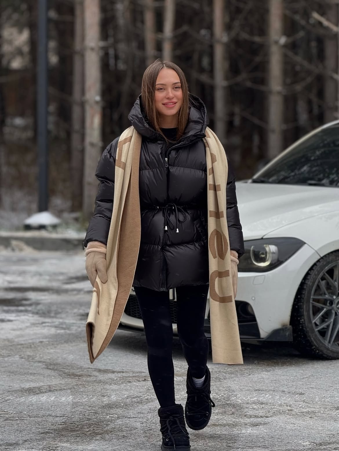 Puffer Jacket With Monogram Scarf Winter Look