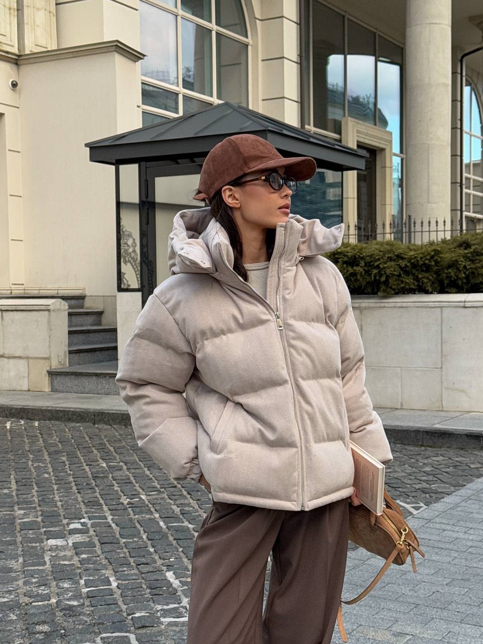 Puffer Jacket With Wide Leg Trousers Street Style