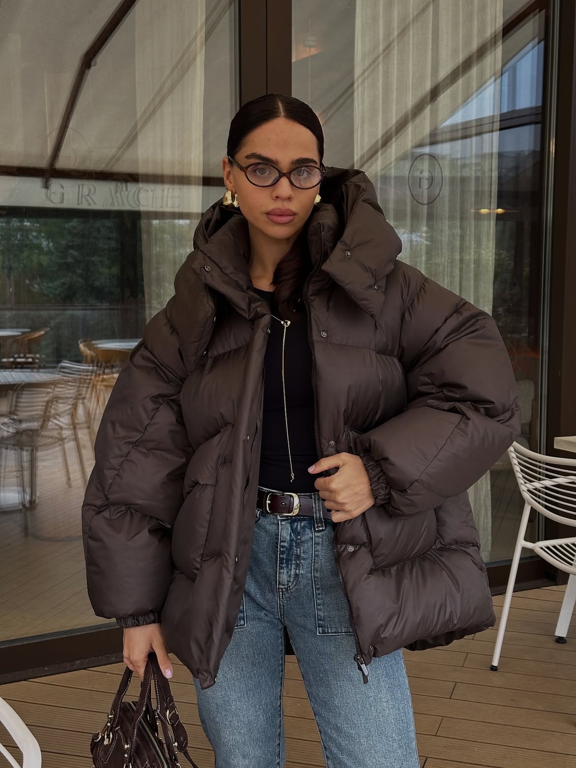 Puffy Chocolate Puffer With Blue Denim And Gold Accents