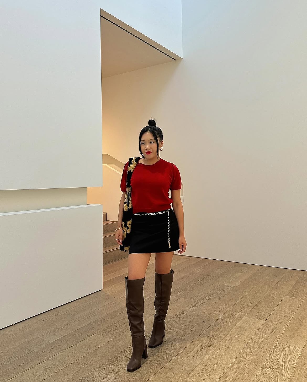 Red Knit Top And Black Mini Skirt Party Look
